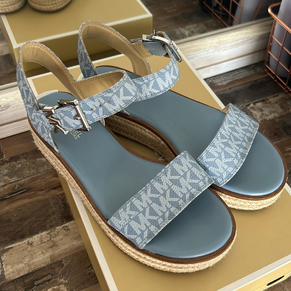 Michael Kors Richie Espadrille Platform Wedge Sandals MK Logo Blue